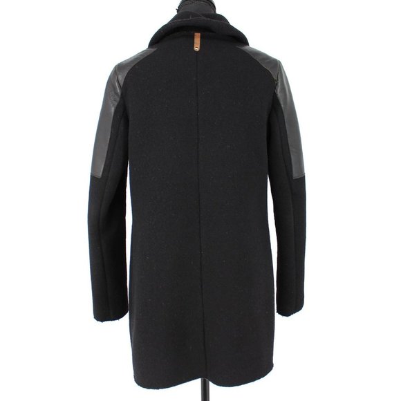 Mackage Black Sweater Knit Crossover Coat Leather Trim Shoulders Pocket Trim XS - Picture 4 of 6